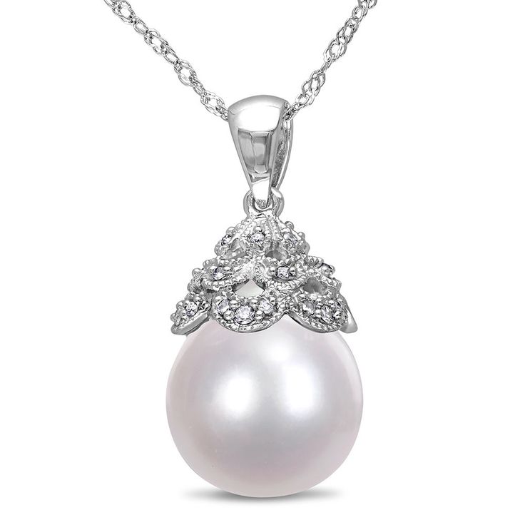 14K white gold necklace with one 10-10.5 millimeter south sea pearl and 16 round single cut diamond accents 14K white gold 17 inch singapore chain Elegant Oval Sterling Silver Pearl Necklace, Pear-shaped Diamond Necklace For Formal Occasions, Pear-shaped Diamond Necklace For Formal Events, Elegant Pear Shaped Necklace With Diamond Accents, Elegant Pear-shaped Necklace With Diamond Accents, Diamond White Pearl Drop Jewelry For Formal Occasions, White Gold Oval Pearl Drop Jewelry, Formal Akoya Pearl Necklace With Pear Shape, Formal Akoya Pearl Pear-shaped Necklace