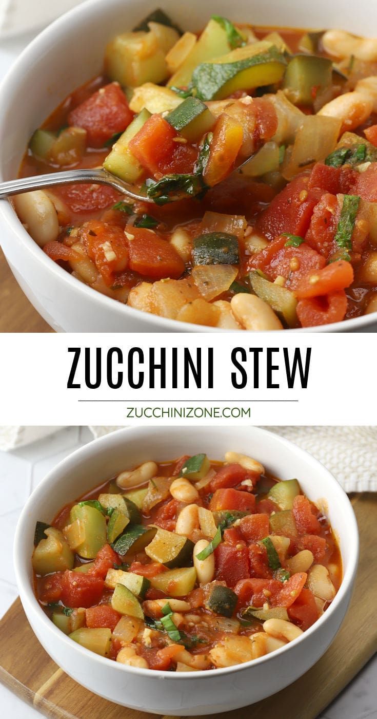 zucchini stew in a white bowl on a wooden cutting board with the title above it