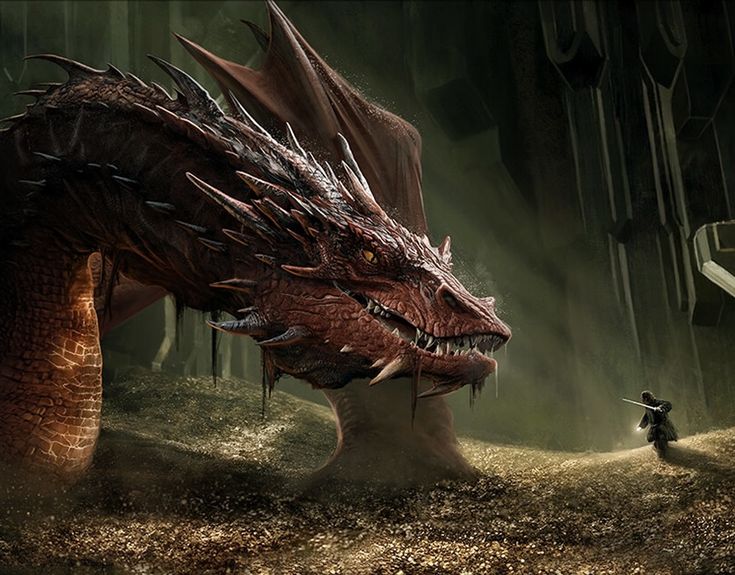 an image of a dragon in the middle of a forest with a man standing next to it