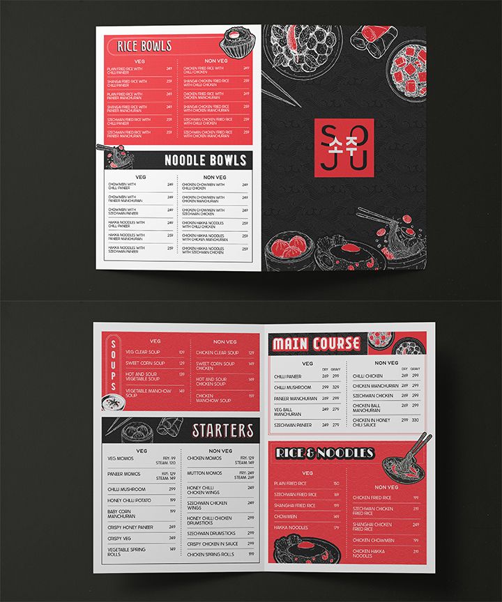 the menu design is designed to look like it has been made in red and black