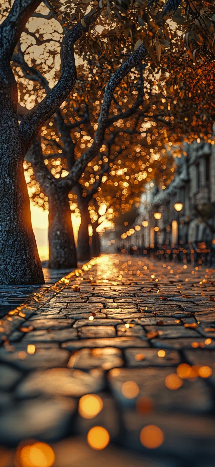 the sun is setting on an empty street with trees and lights reflecting off the cobblestone