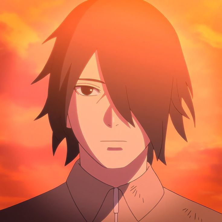 an anime character staring into the distance with red clouds in the background and orange sky