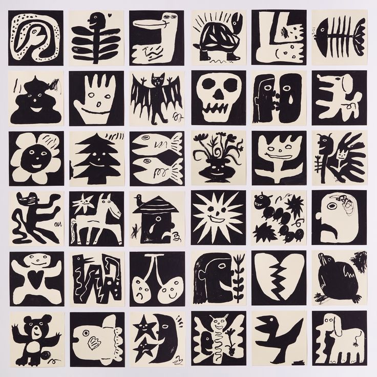 black and white artwork with different designs on it