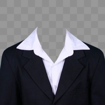 a black jacket with white collared shirt and pants on display in front of a gray background