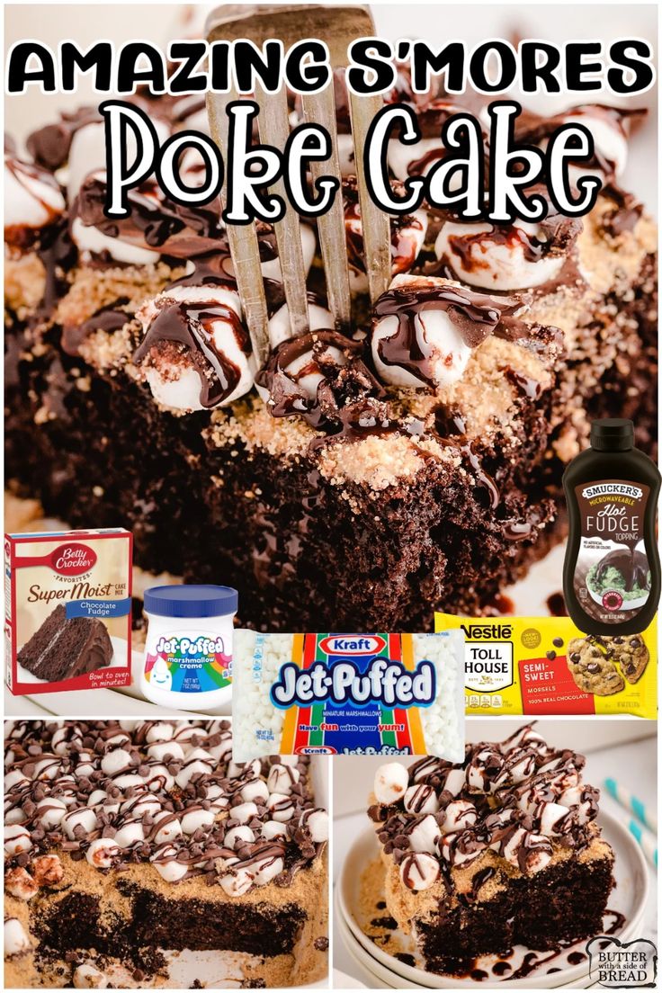 a collage of pictures showing how to make a chocolate poke cake with oreos and marshmallows