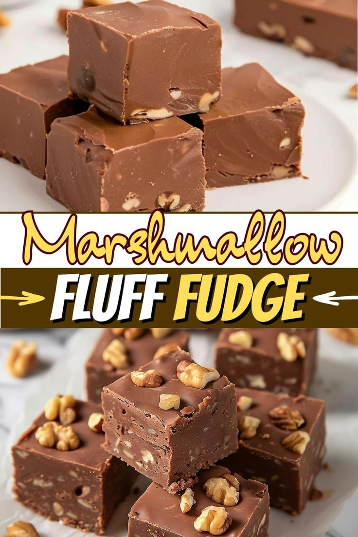 chocolate fudge bars stacked on top of each other with walnuts in the middle