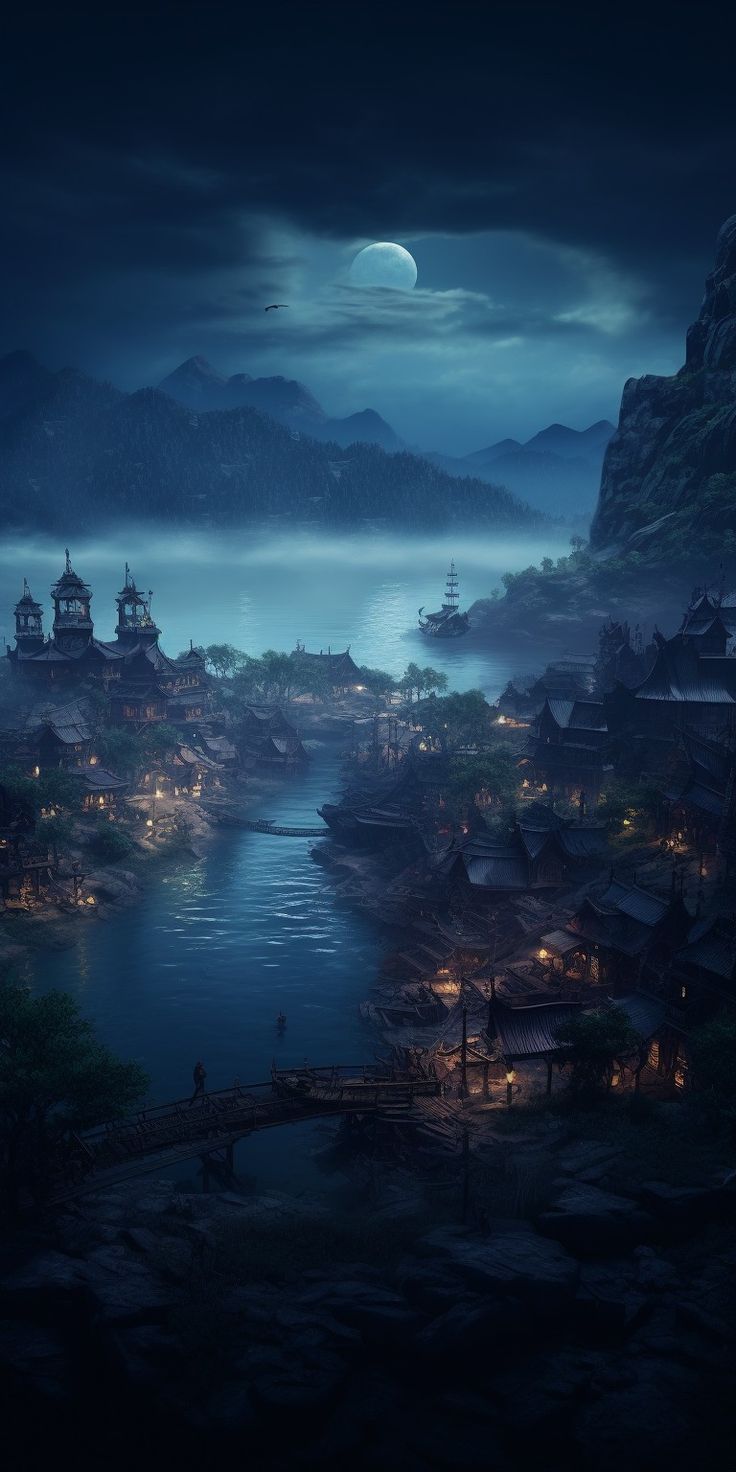 an image of a fantasy village in the middle of the night with mountains and fog