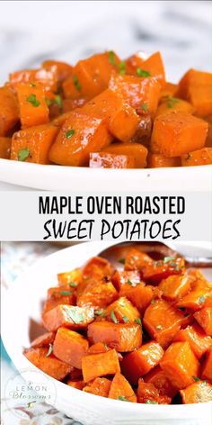 maple oven roasted sweet potatoes in a white bowl with the words maple oven roasted sweet potatoes