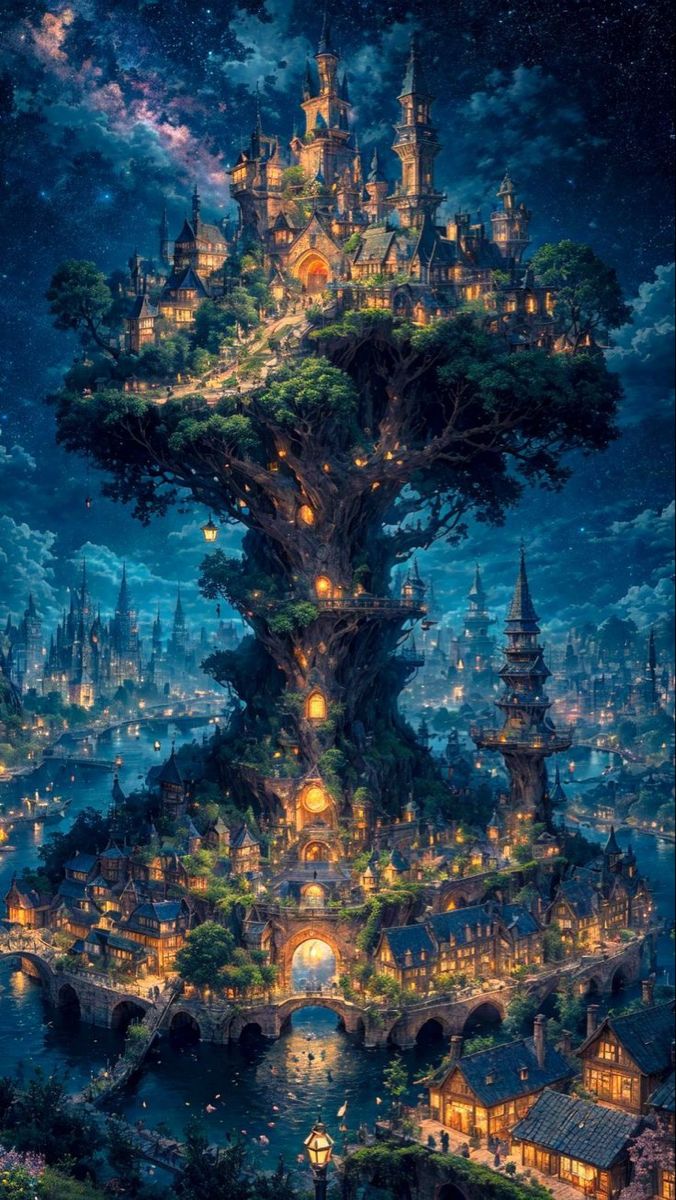 a fantasy castle in the sky with lots of lights and trees on top of it