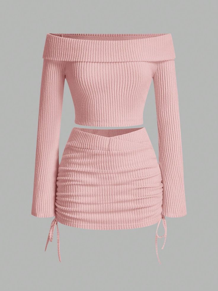 Pink Casual Collar   Plain  Embellished Slight Stretch  Women Clothing Ruched Skirt Outfit, Rok Outfit, Striped Off Shoulder Top, Knit Two Piece Set, Rock Outfit, Causual Outfits, Really Cute Outfits, Cute Simple Outfits, Pink Top