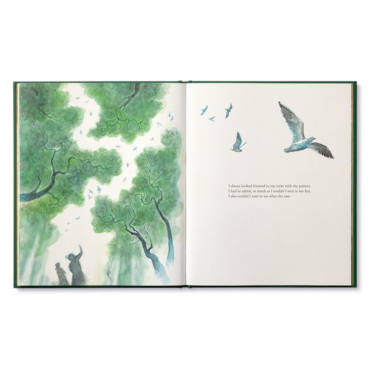 an open book with watercolor drawings and birds flying over trees in the sky,