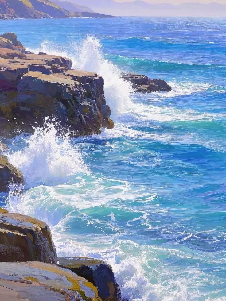 an oil painting of waves crashing on the rocks