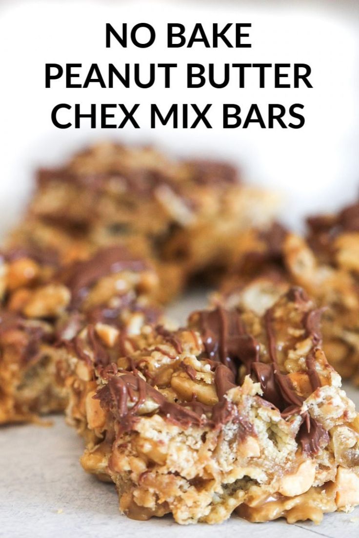 no bake peanut butter chex mix bars are stacked on top of each other