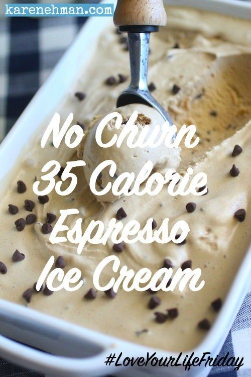 a scoop of ice cream with chocolate chips in it and the words no churn 35 calorie espresso ice cream