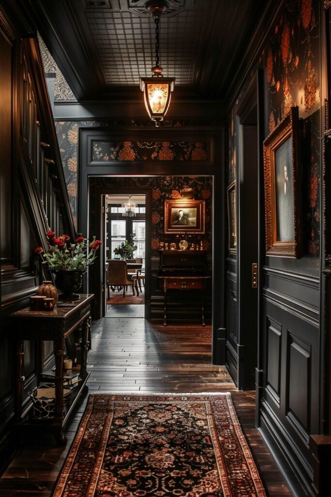 the hallway is decorated in black and gold