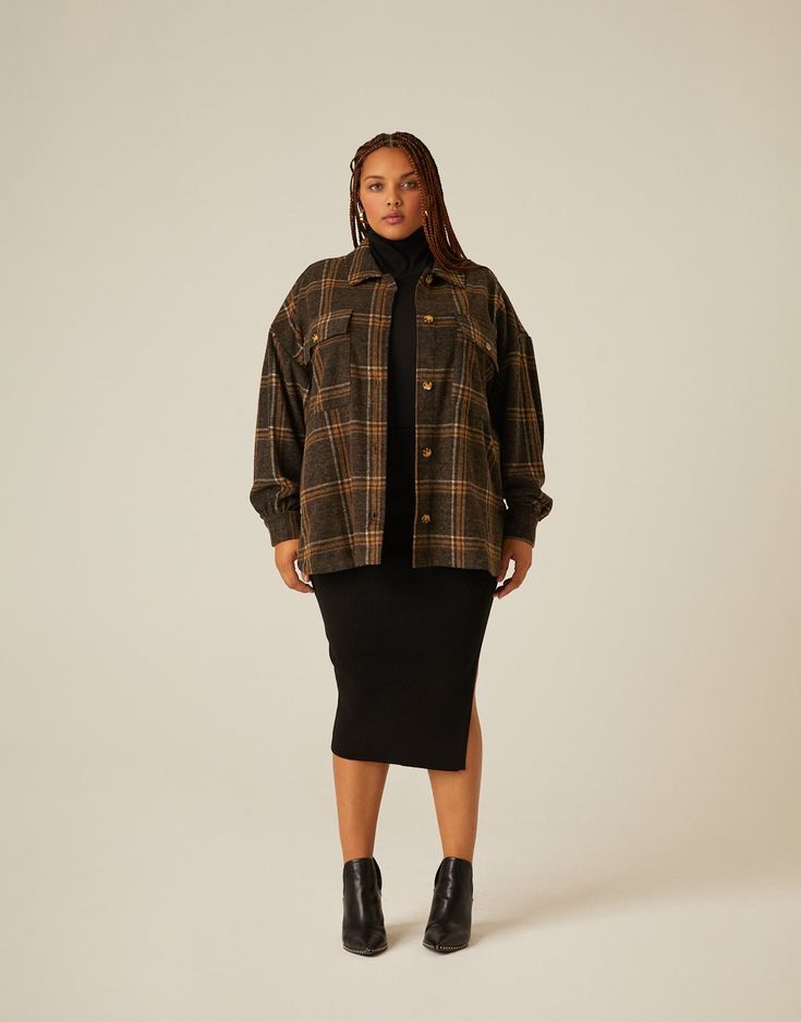 Curve Brushed Plaid Shacket Plus Size Outerwear -2020AVE Curvy Shacket Outfit, Fall Long Sleeve Shacket With Side Pockets, Winter Long Sleeve Shacket With Side Pockets, Fall Workwear Shacket With Multiple Pockets, Long Sleeve Shacket With Multiple Pockets For Work, Workwear Shacket With Multiple Pockets And Long Sleeve, Oversized Button-up Outerwear For Cold Weather, Winter Long Sleeve Utility Jacket With Buttoned Pockets, Winter Workwear Shacket With Multiple Pockets