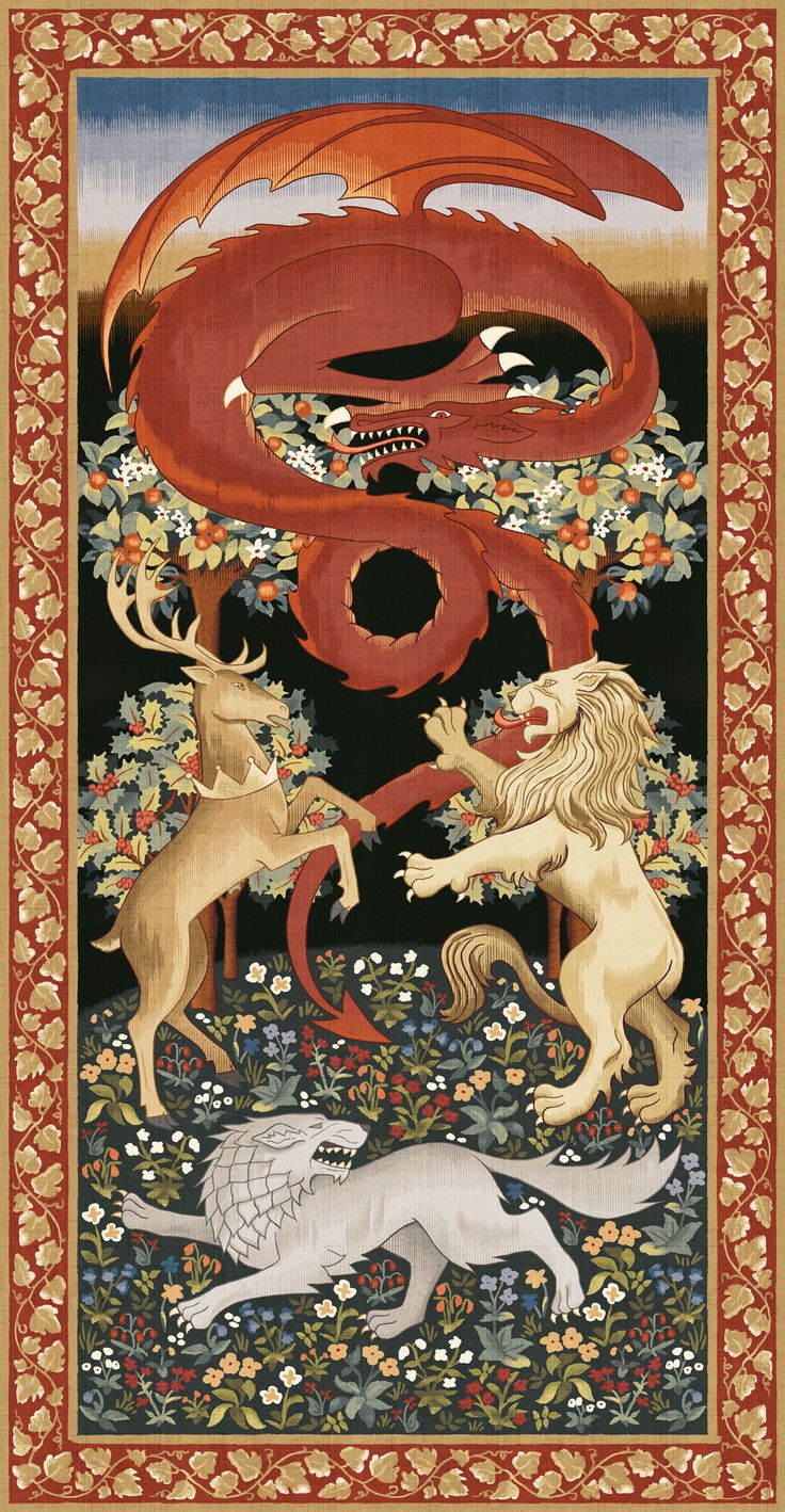 an image of two animals and a dragon in the middle of a flowery field