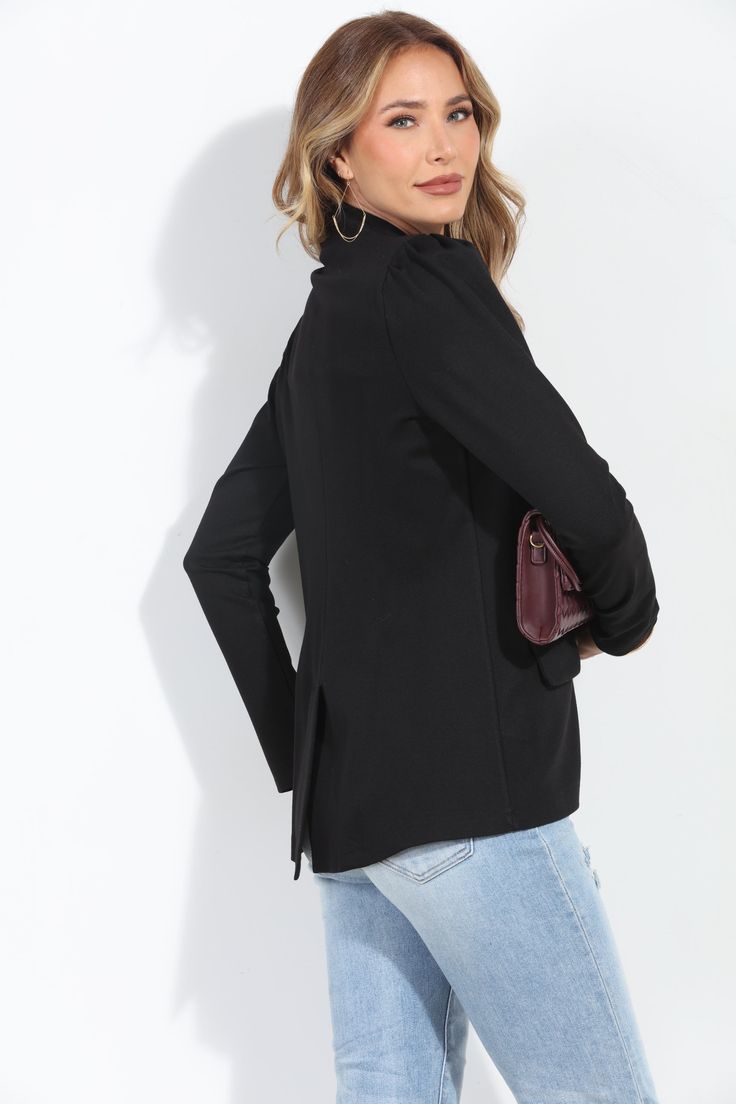 Fitted blazer with shirred shoulder details and shoulder pads! Two front pockets GOLD Button enclosure Color: Black Fits slightly fitted not oversized, if in between sizes, size up (meant to be worn fitted) 🔥 SIGNATURE STRETCH PONTI FABRIC UNLINED approx. length: 26 1/2" Machine wash cold, tumble dry low. Follow care label, instructions may vary by fabric. Made in USA J-280 Model height: 5 foot 9 inches Model is wearing a size small Formal Single Breasted Tops For Fall, Black Blazer With Structured Shoulders For Office, Classic Long Sleeve Blazer For Night Out, Black Structured Shoulder Blazer For Fall, Black Blazer With Structured Shoulders For Fall, Formal Long Sleeve Outerwear With Padded Shoulders, Formal Outerwear With Padded Shoulders And Long Sleeves, Fall Office Outerwear With Padded Shoulders, Business Casual Blazer With Structured Shoulders And Long Sleeves