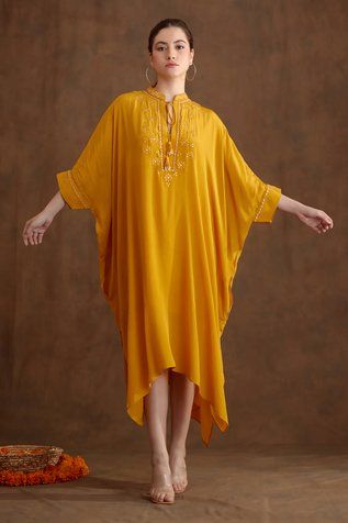 Shop for Nikasha Yellow Viscose Crepe Mirror Yoke Embroidered Kaftan Dress for Women Online at Aza Fashions Western Kaftan Dress, Formal Kaftan Dress, Kaftan Shirts Women, Simple Kaftan Dress, Kaftan Lace Styles, Kaftan Pattern Caftan Dress Style, Kaftans Dresses Modern, Lehenga Shoot, Unique Kaftan Designs