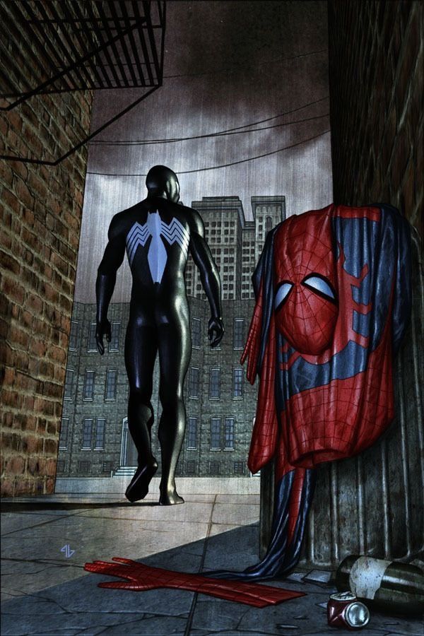 a spider - man standing in an alley next to a red and blue blanket on the ground