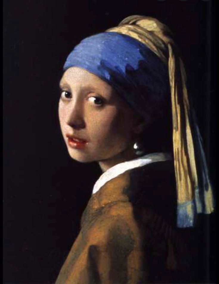 a painting of a girl with a pearl ear wearing a blue and gold headband