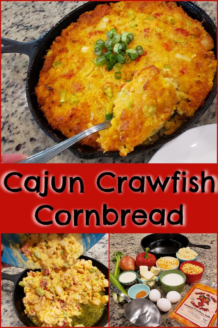 collage of cajun crawfish and cornbreads with text overlay