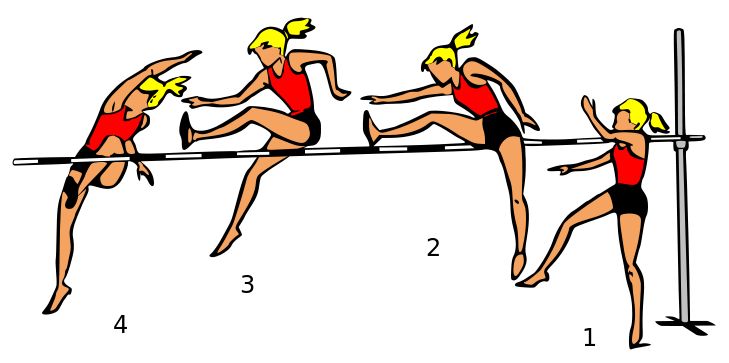 three women in swimsuits jumping over a high bar to reach the same height