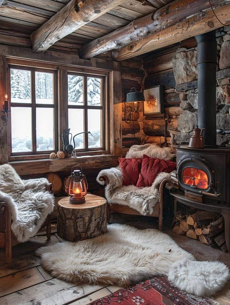 a rustic cabin with wood burning stove and fur rugs