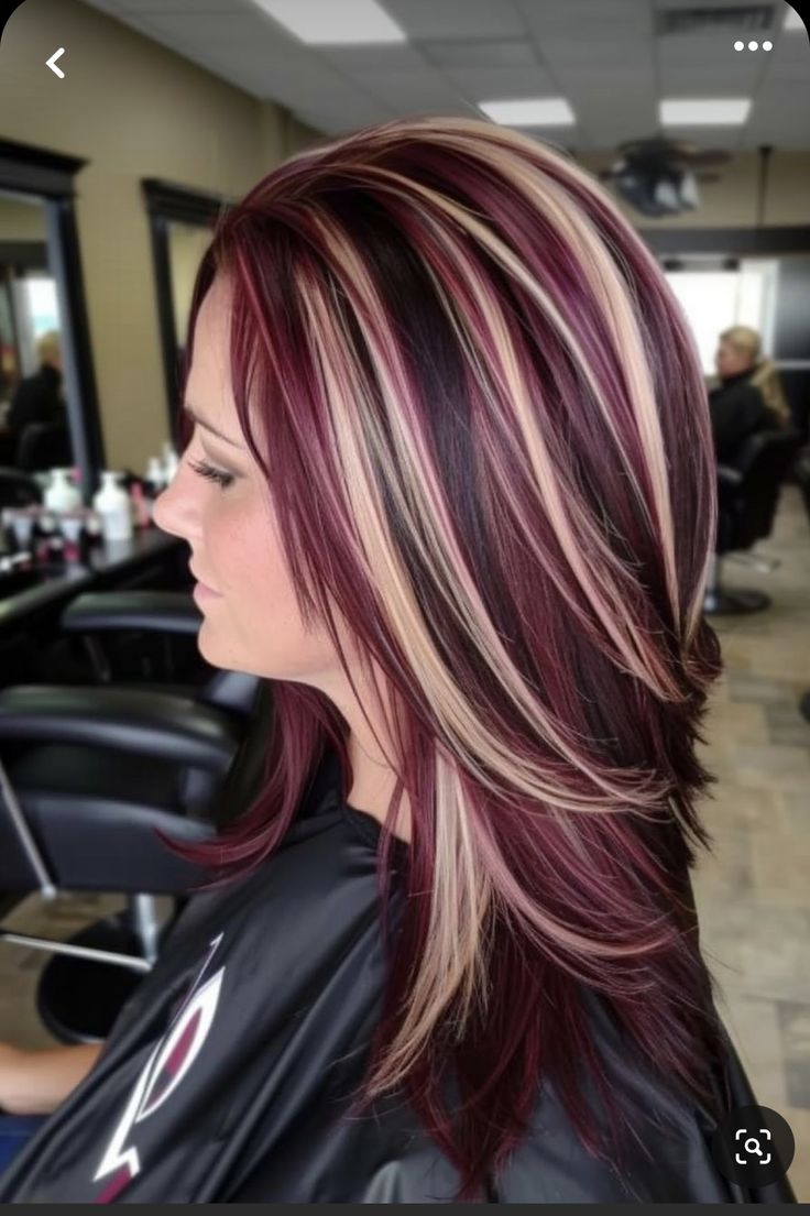 3 Different Hair Color Ideas, Fall Hair Color With Blonde Highlights, Blonde And Dark Red Highlights, Cute Highlighted Hair, Red Hair With Streaks Of Color, Red Violet Hair With Blonde Highlights, Snickers Hair Colour, Medium Brown And Red Hair, Auburn With Highlights And Lowlights