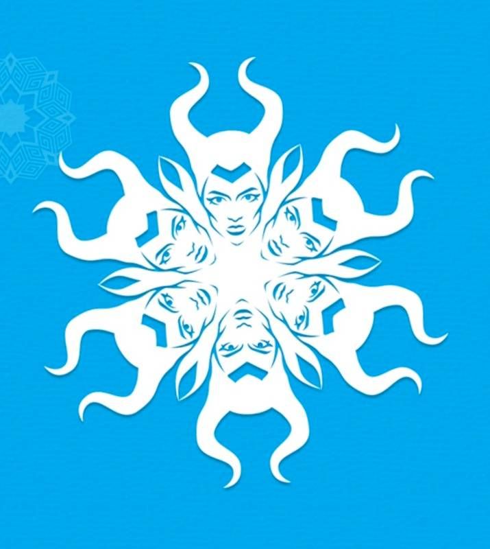 an image of a snowflake with many faces in the center on a blue background