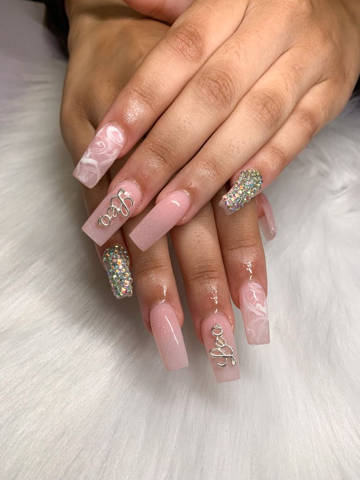 Leo nails | square set | rhinestones | pink nude full set | marble Leo Nail Ideas, Leo Szn Nails, Leo Zodiac Nails, Leo Season Nails, Leo Nails Zodiac, Leo Birthday Nails, Leo Nails, Leo Birthday, Leo Season