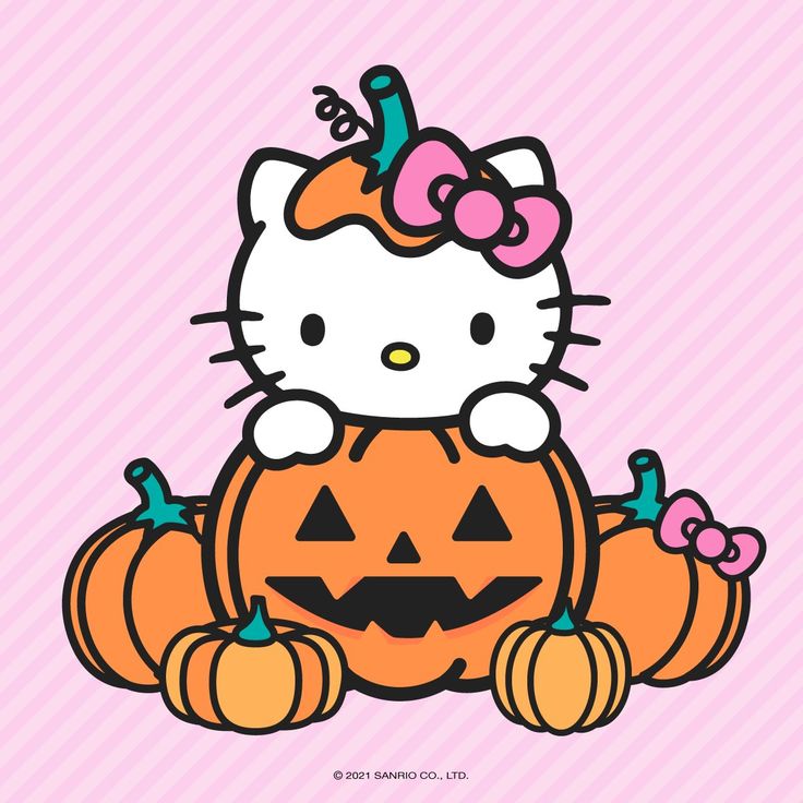 hello kitty sitting on top of a pumpkin