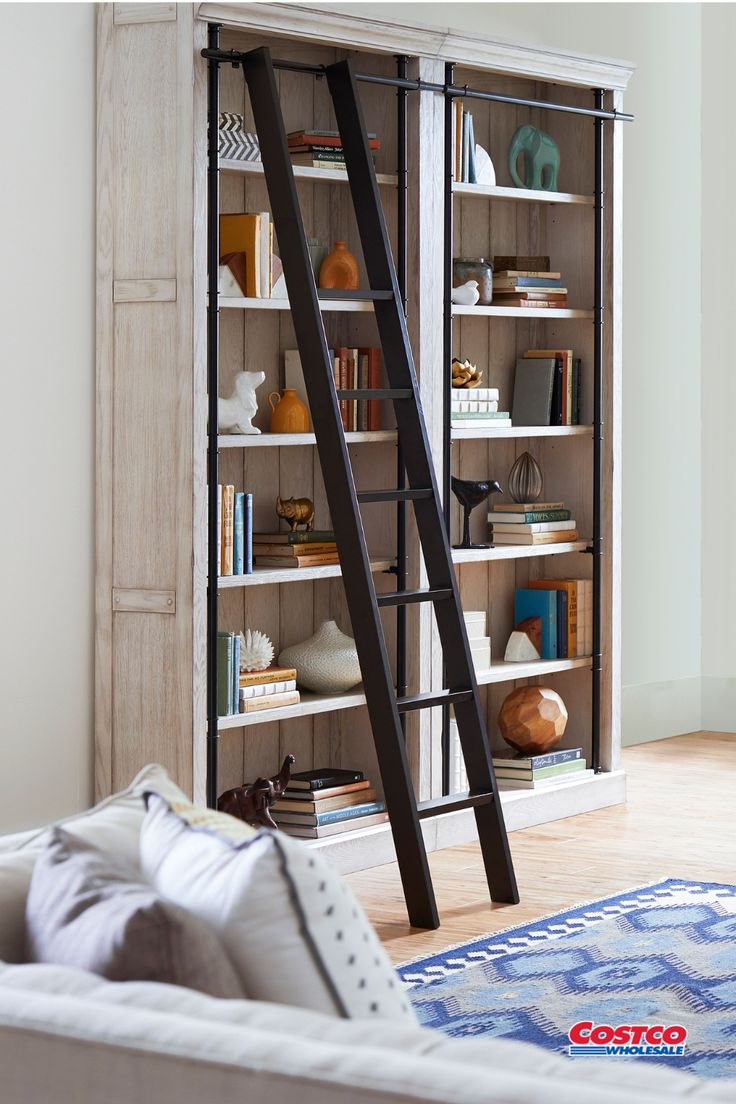 Bookcase Wall and Ladder Barn Door Bookcase, Shelf For Office, Tall Bookcase, Ladder Storage, Tall Bookcases, Office Bookcase, Bookcase Wall, White Bookcase, Standing Shelves