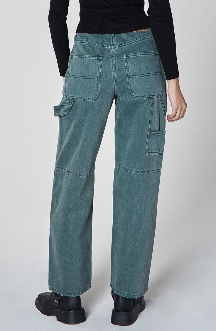 Carpenter pockets and a hammer loop lend bold workwear edge to these cargo-style jeans boasting a unique hue and relaxed, high-waisted silhouette. 29" inseam; 18" leg opening; 12 1/2" front rise; 15 1/2" back rise Zip fly with button closure Five-pocket style; hammer loop; back utility patch pockets 100% cotton Machine wash, line dry Imported High Waisted Carpenter Jeans, Urban Straight Leg Cargo Pants For Workwear, Utility Style High-waist Cargo Jeans For Workwear, Utility High Waist Cargo Jeans For Workwear, High Rise Cargo Pants With Patch Pockets For Fall, High Rise Relaxed Fit Cargo Pants With Side Pockets, High-waist Utility Cargo Jeans For Workwear, High Rise Cargo Pants With Side Pockets For Fall, Fall High-rise Cargo Pants With Side Pockets