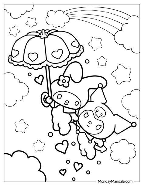 a coloring page with two pigs under an umbrella and hearts flying in the sky above them