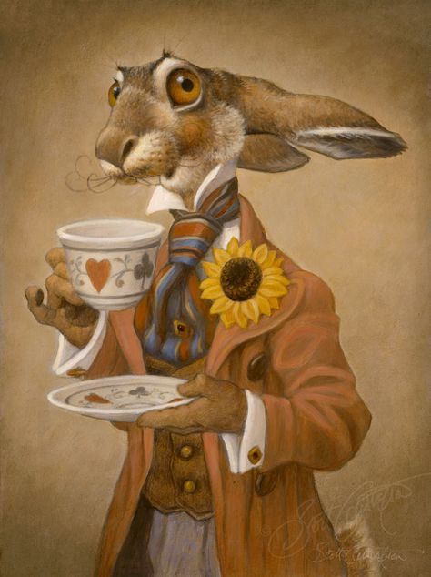 a painting of a rabbit holding a cup and saucer with a sunflower on it