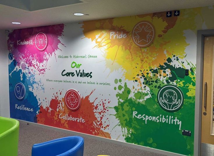 an office with colorful paint splattered on the wall