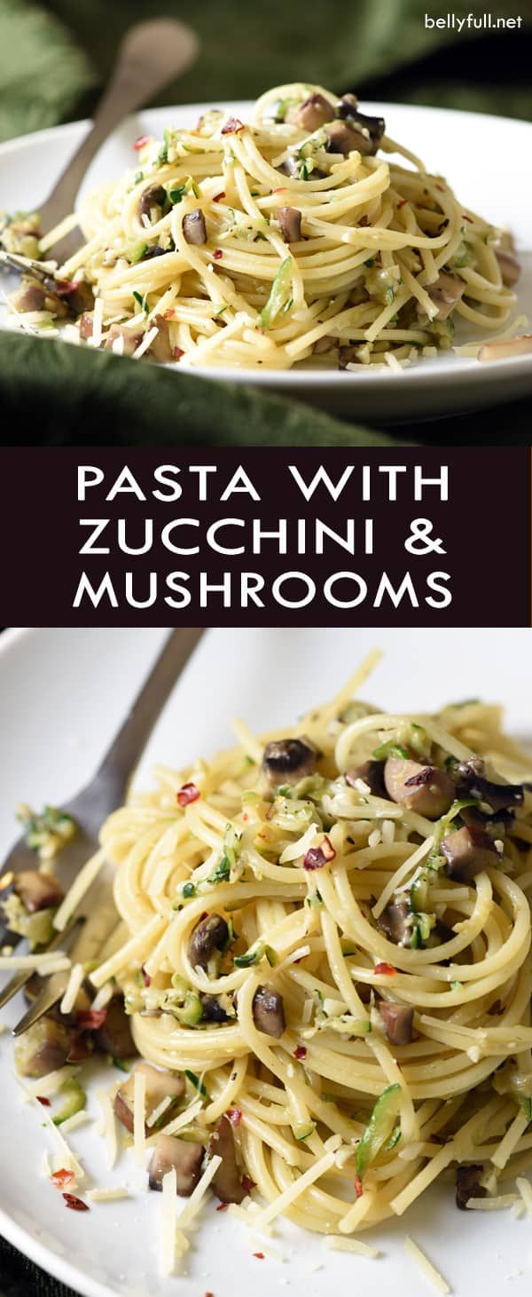 pasta with zucchini and mushrooms is served on a white plate, ready to be eaten