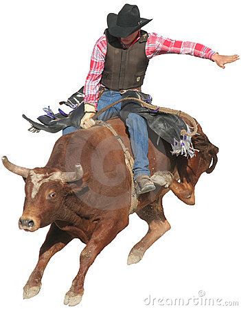 a man riding on the back of a brown cow in mid air with his arms out