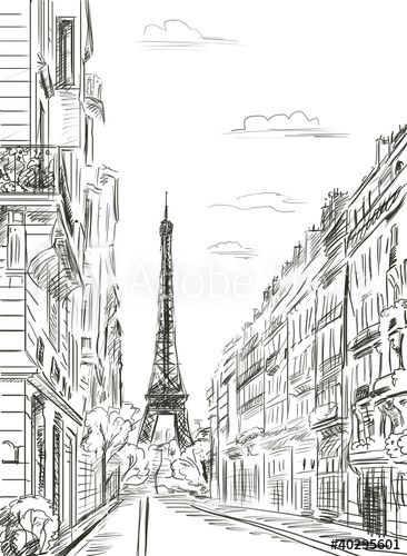 a drawing of the eiffel tower in paris, france with people walking down the street