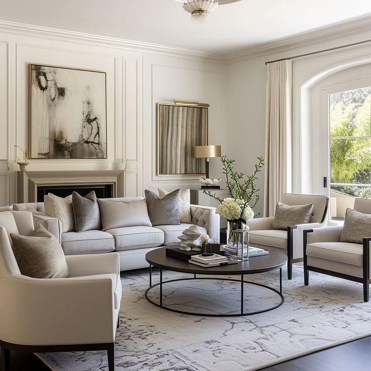 a living room with couches, chairs and a coffee table in front of a fireplace