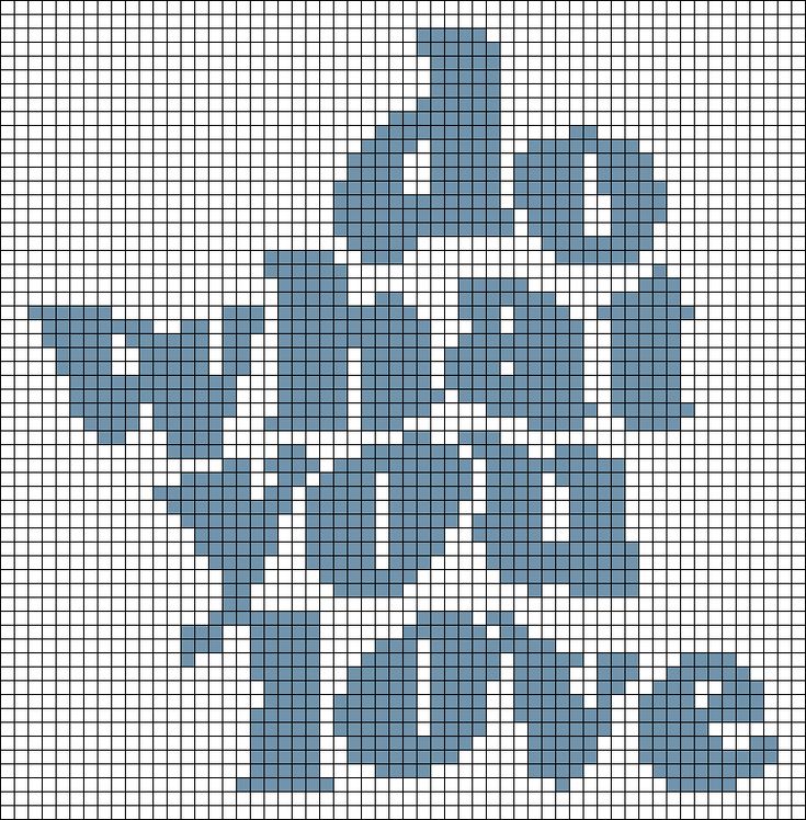 a cross stitch pattern with the word love written in blue on top of an image