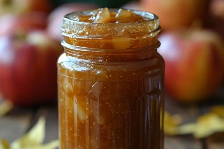 a jar filled with apple jam sitting on top of a wooden table next to apples