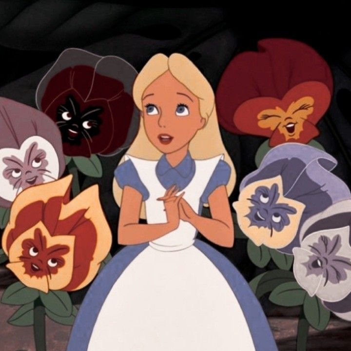 an animated image of alice and the seven dwarfs standing in front of some flowers with black cats behind them