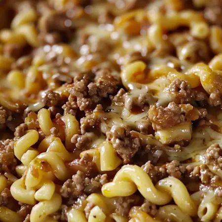 a close up view of macaroni and cheese with ground beef on top,