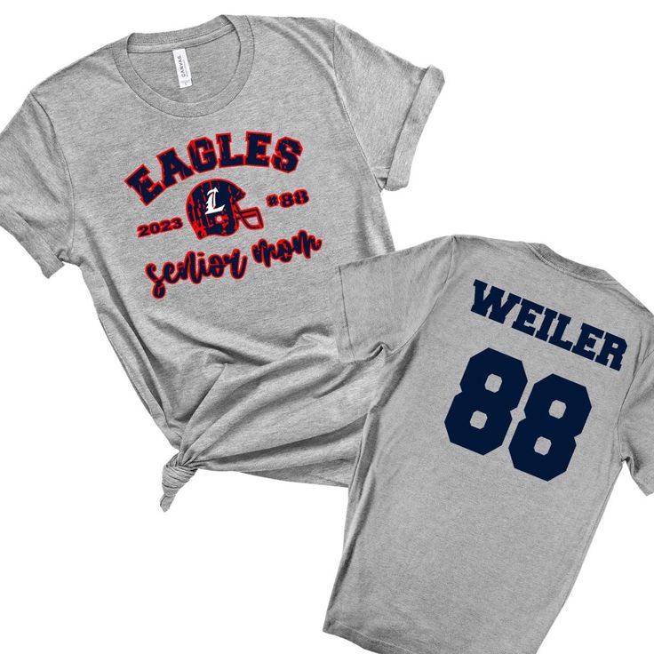 Liberty Eagles High School Spirit Wear Alphabet Soup Designs has partnered with Liberty High School to create team and school spirit wear! This design was created just for our Senior Football Player's Mom! Product details: Select short or long sleeve tee, raglan w/navy sleeve, crew or hoodie sweatshirt Comes in athletic grey tee only Name and number on back - add $5 Varsity T-shirt With Team Name For Baseball Season, Varsity T-shirt For College Football Season, Collegiate T-shirt With Name Print For Fans, Varsity T-shirt With Team Name For College, Pre-shrunk T-shirt For School Team Spirit, Sporty School T-shirt With Name Print, Team Spirit T-shirt With Team Name For College, Gray Team Spirit T-shirt For Sports Events, Gray Team Name T-shirt For Sports Events