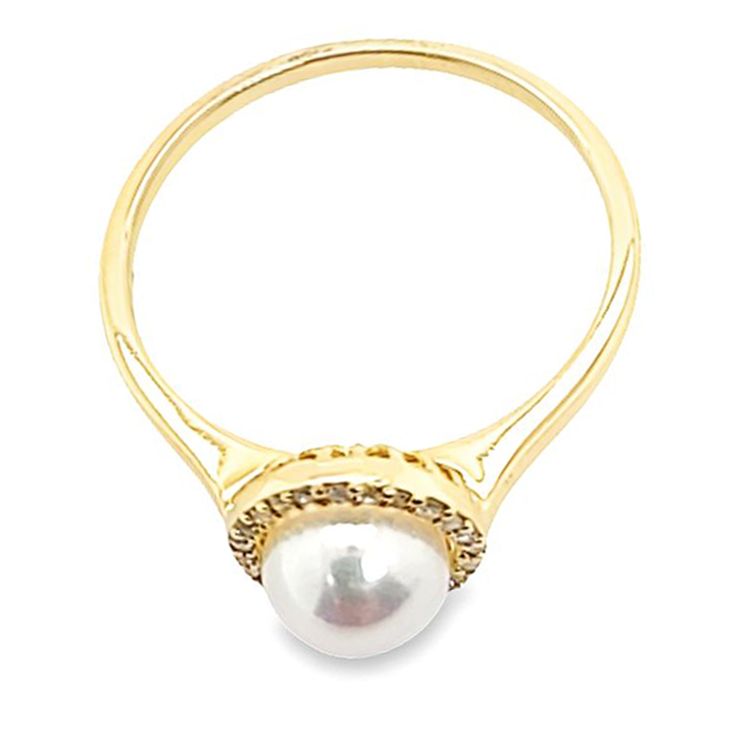 14 Karat Gold Ring Featuring A 7mm Cultured Pearl Accented By 24 Single Cut Diamonds of SI Clarity and G/H Color Totaling 0.08 Carats. Finger Size 6.5. Purchase Includes One Sizing Service Prior to Shipping, Upon Request. Style R1335PE Available In White or Yellow Gold. Elegant Gold Halo Pearl Ring, Formal Yellow Gold Pearl Ring With Diamond Accents, Yellow Gold Pearl Ring With Halo Setting, Fine Jewelry Yellow Gold Pearl Ring With Halo, Elegant Yellow Gold Pearl Ring With Halo, Gold Pearl Ring With Brilliant Cut For Formal Occasions, Gold Brilliant Cut Pearl Ring For Formal Occasions, Gold Rings With Elegant Halo Design, Formal Gold Pearl Ring With Brilliant Cut