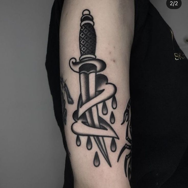 Anthony Tattoo, Traditional Tattoo Black And Grey, Traditional Dagger Tattoo, Traditional Black Tattoo, Blade Tattoo, Small Chest Tattoos, Knife Tattoo, Traditional Tattoo Sleeve, Old School Tattoo Designs