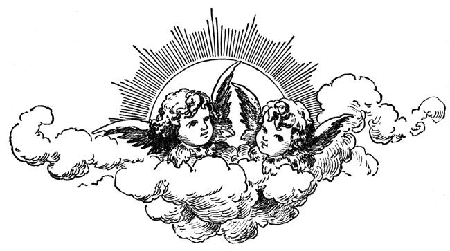 two angels flying through the sky surrounded by clouds and sunbursts, vintage line drawing or engraving