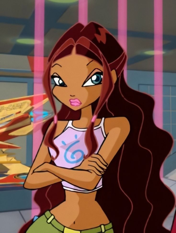 a cartoon girl with long brown hair standing in front of a window and looking at the camera